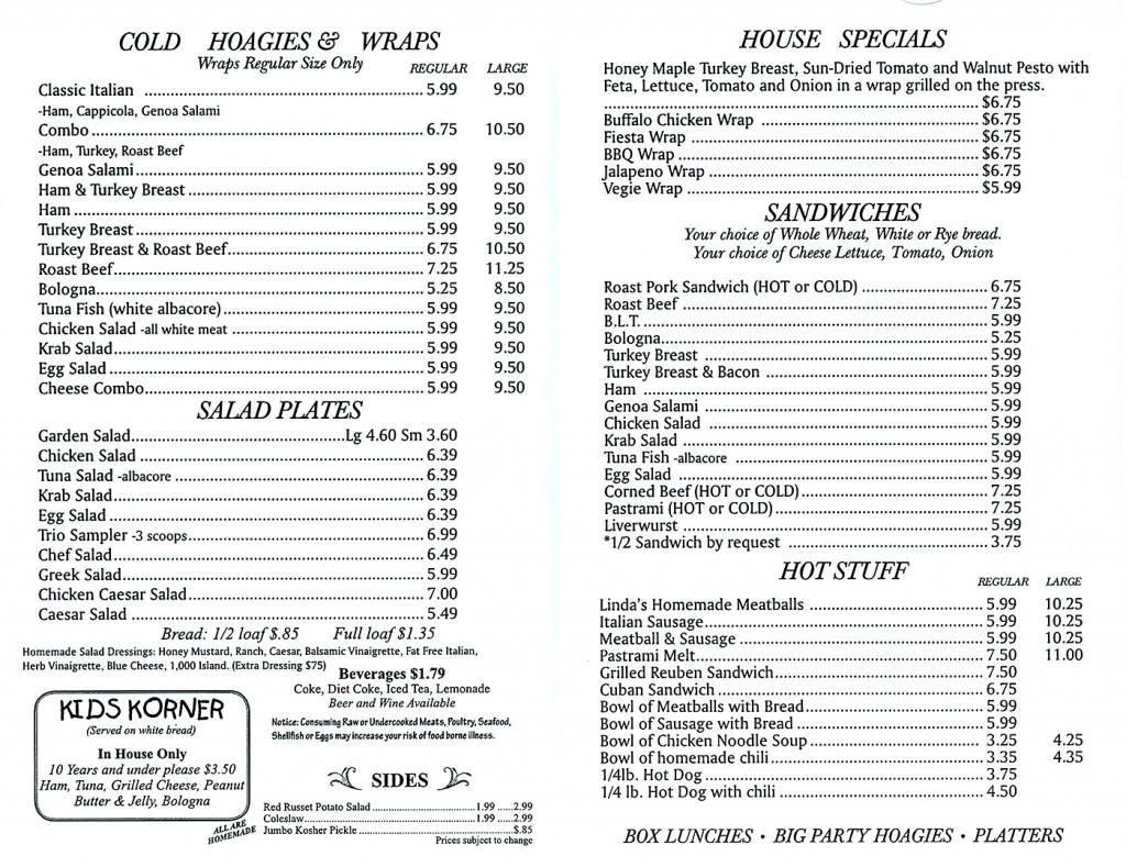 The menu at Big Al's