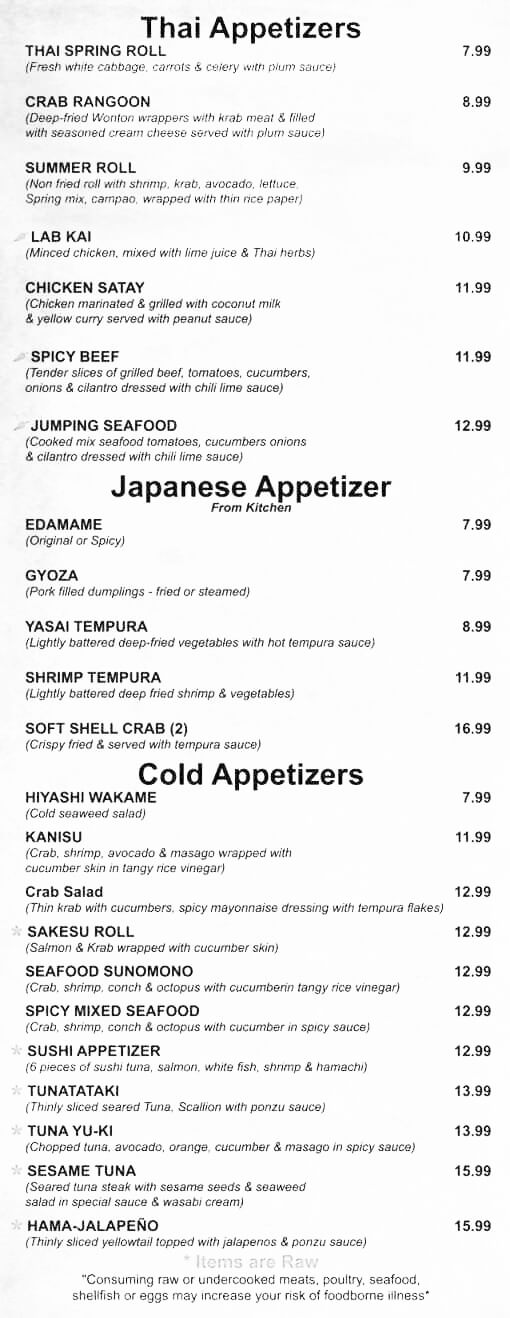 Enjoy the Thai Sushi menu